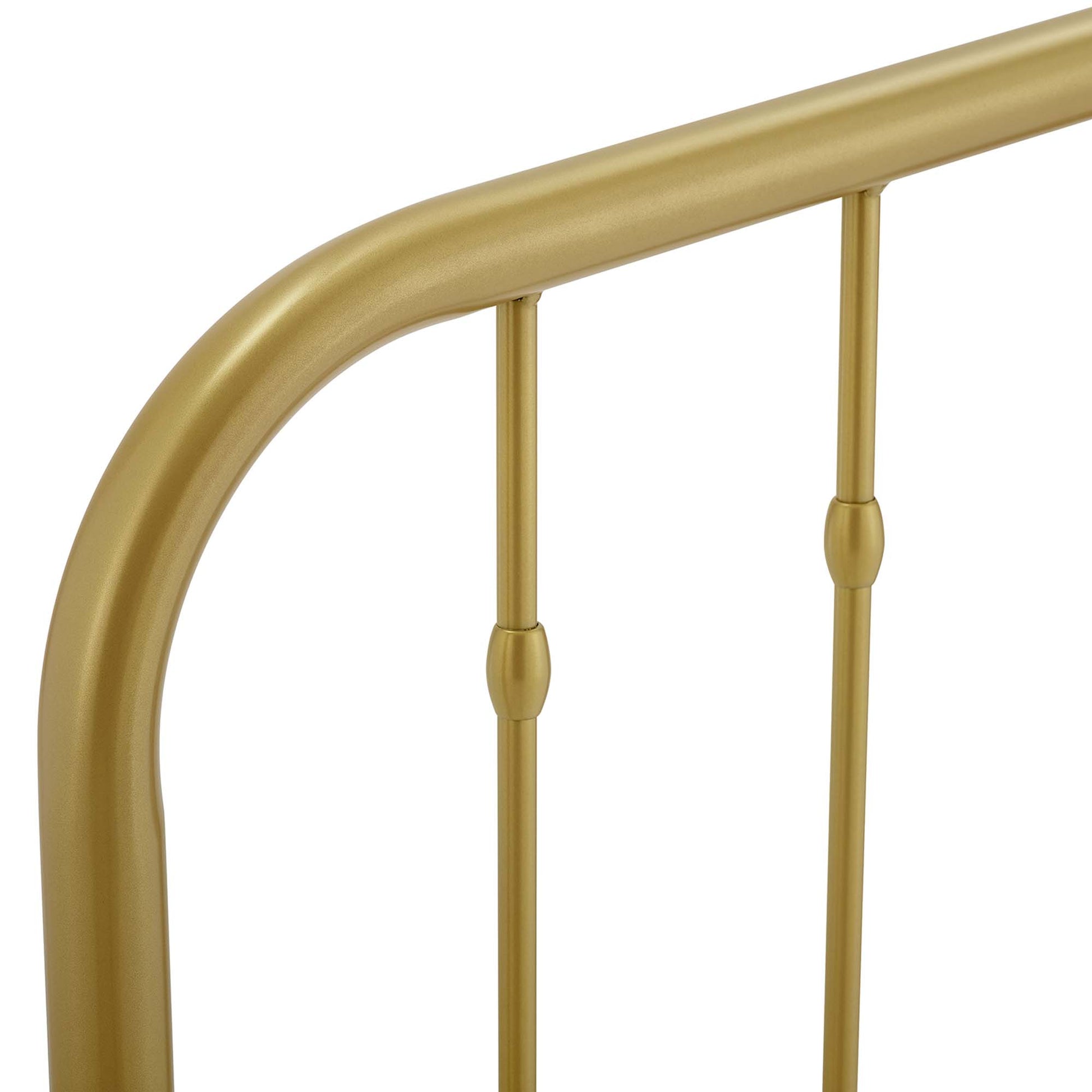 Yellow metal full headboard with a curved top and slender vertical bars, tubular finish.