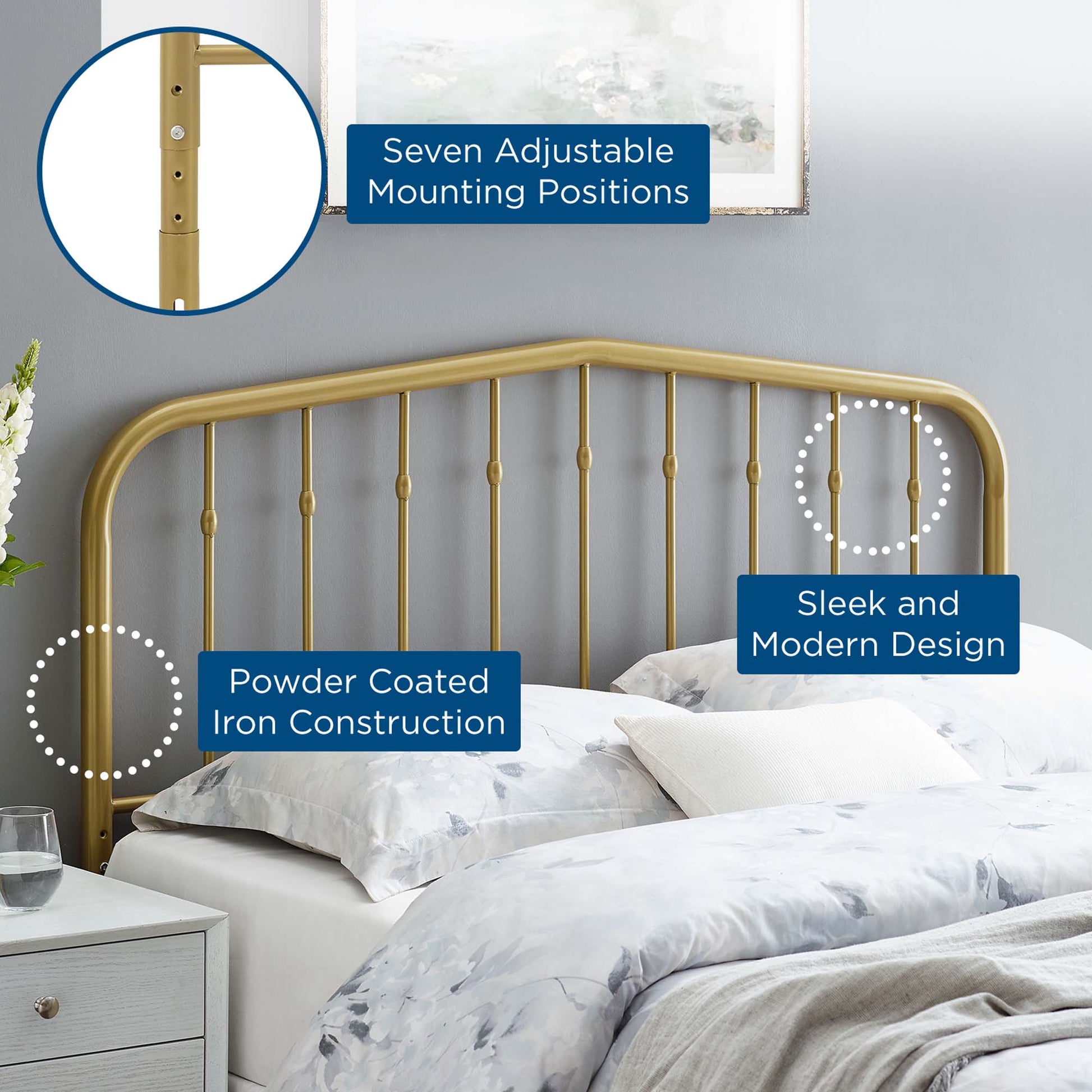 Gold powder-coated iron bed headboard with curved rails, seven adjustable mounting positions, sleek modern design.