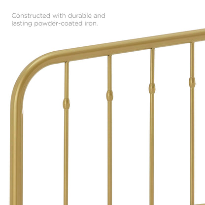Gold powder-coated iron headboard with curved corners and slender vertical balusters.