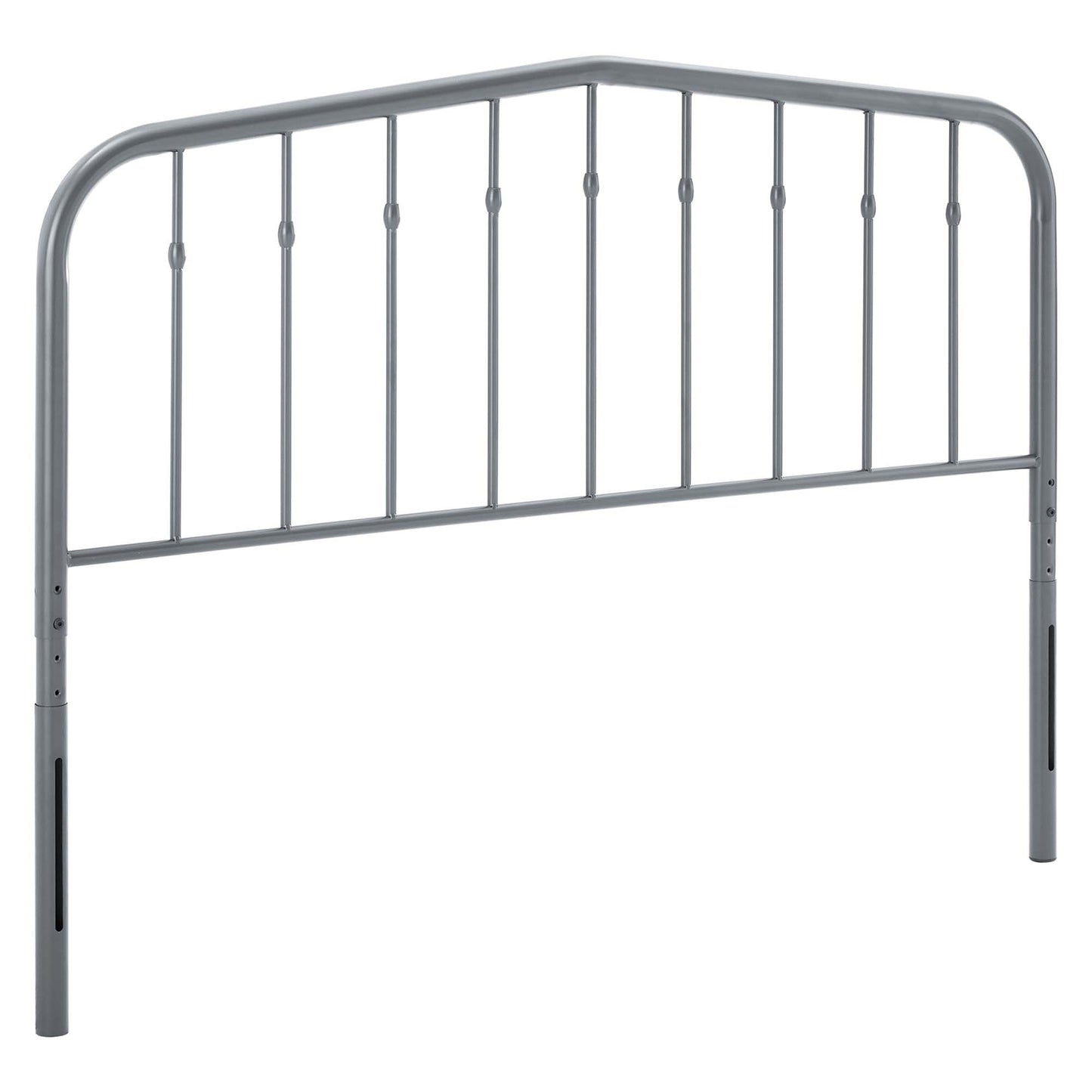 Grey metal headboard with curved top and vertical balusters.