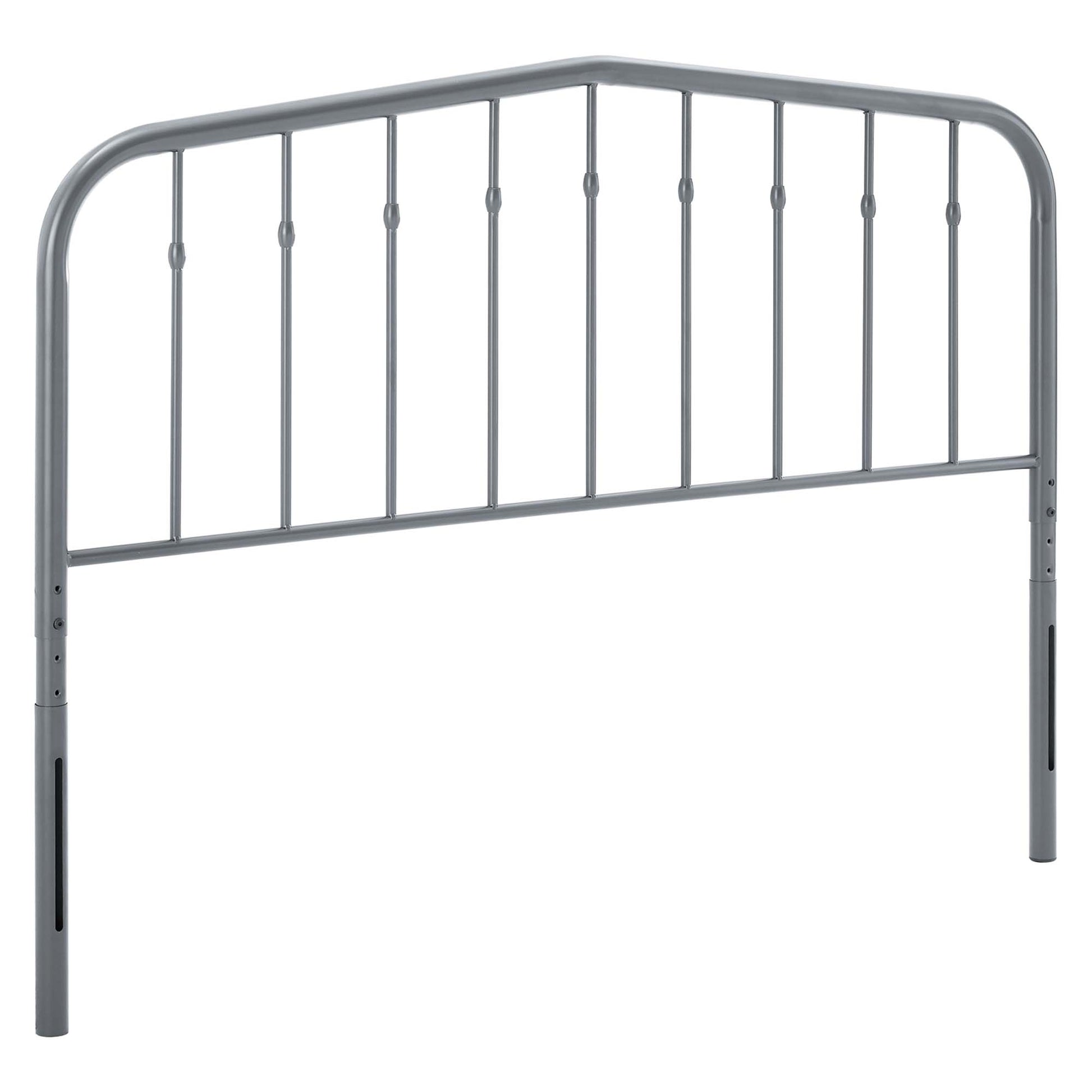 Grey metal headboard with curved top and vertical balusters.