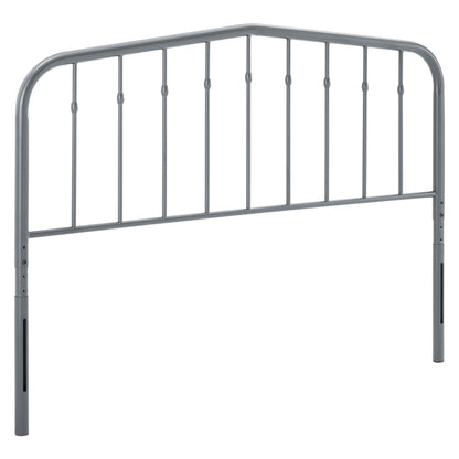 Grey metal headboard with curved top and vertical balusters.