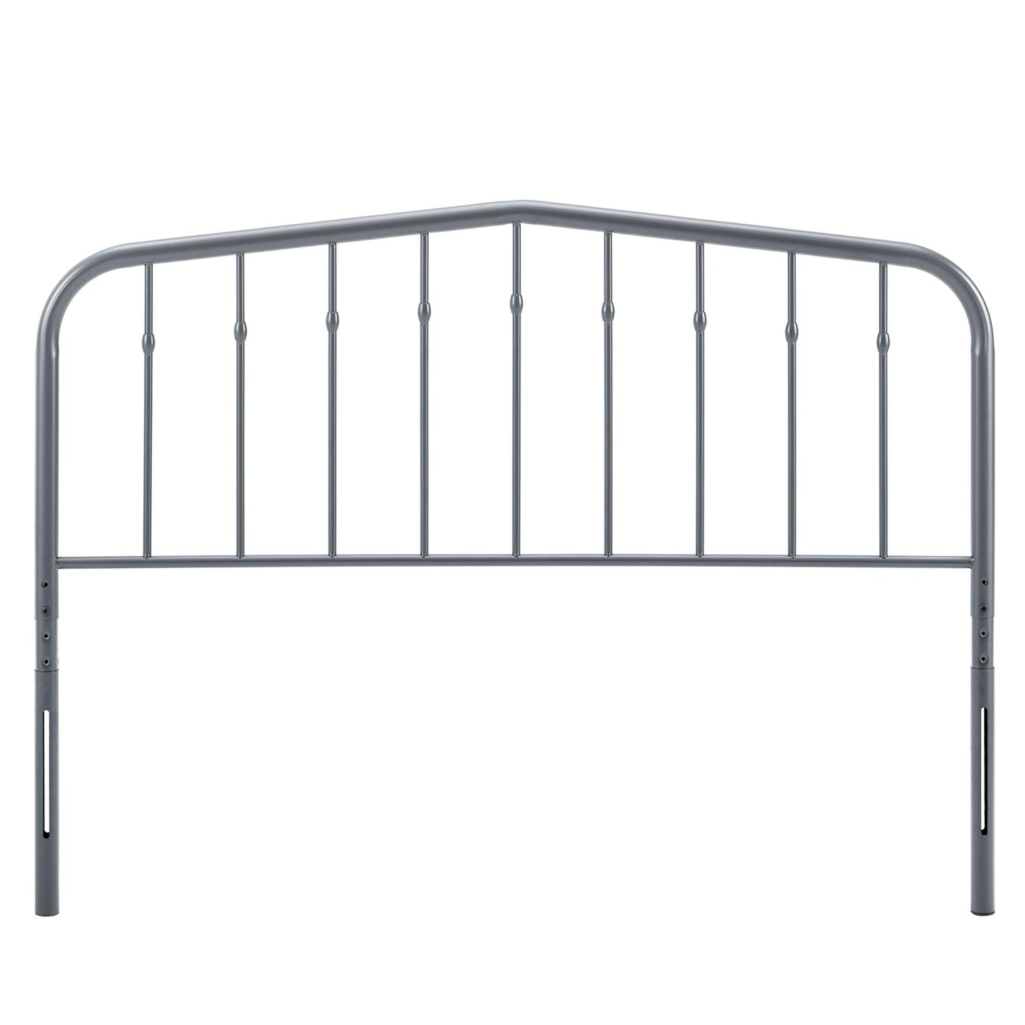 Grey metal headboard with curved top and slim vertical bars, modern industrial style.