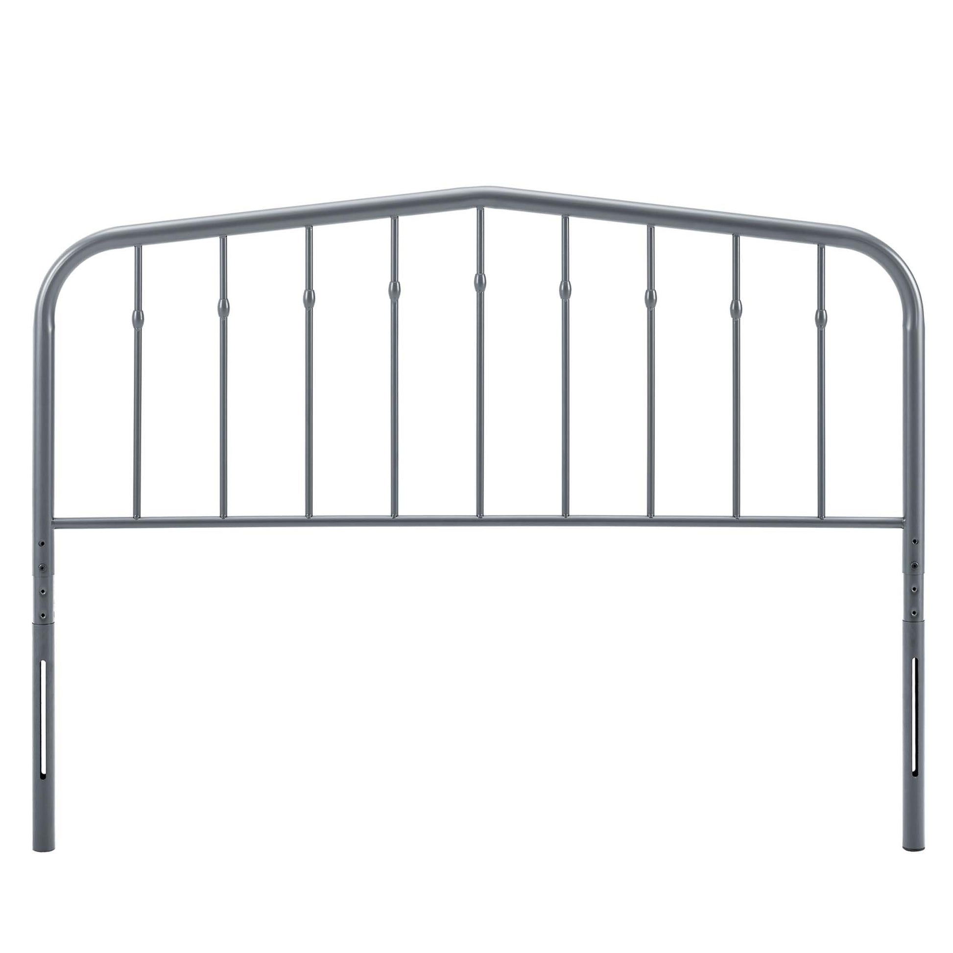Grey metal headboard with curved top and slim vertical bars, modern industrial style.