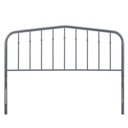 Grey metal headboard with curved top and slim vertical bars, modern industrial style.