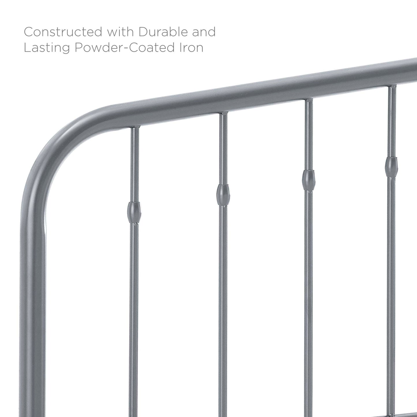 Gray powder-coated metal headboard with a curved top rail and evenly spaced vertical slats.