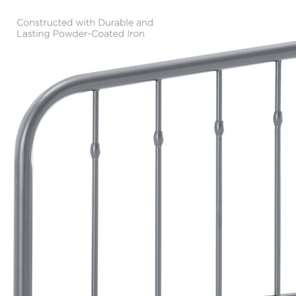 Gray powder-coated metal headboard with a curved top rail and evenly spaced vertical slats.