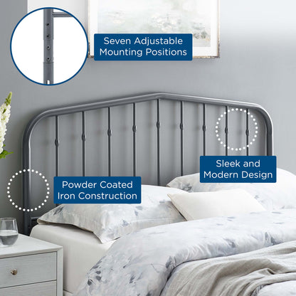Powder-coated gray iron bed headboard with seven adjustable mounting positions; sleek modern design.
