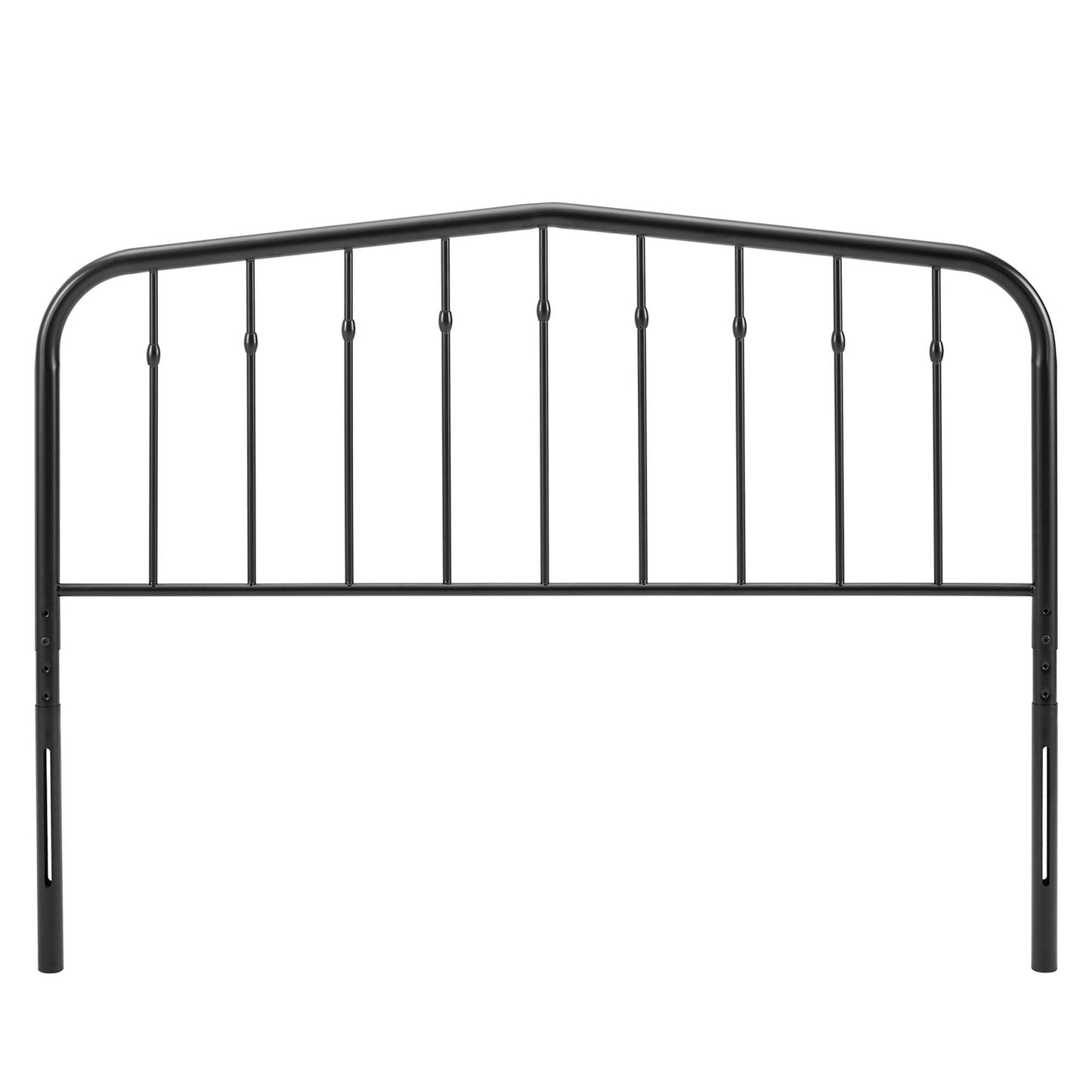 Black metal headboard with arched top rail and slim vertical balusters, modern farmhouse bed accent.