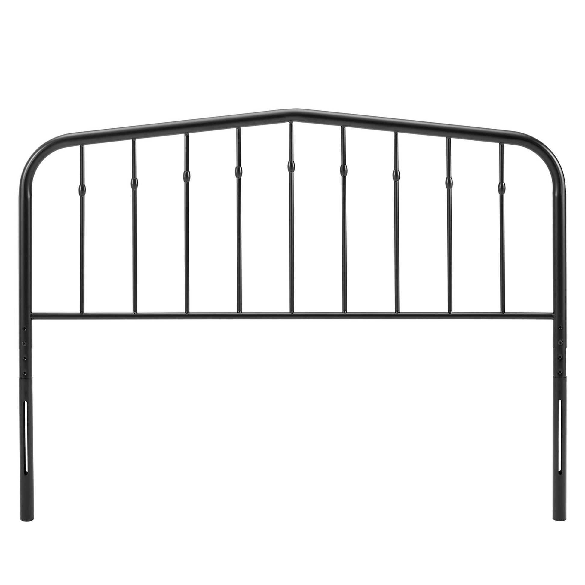 Black metal headboard with arched top rail and slim vertical balusters, modern farmhouse bed accent.