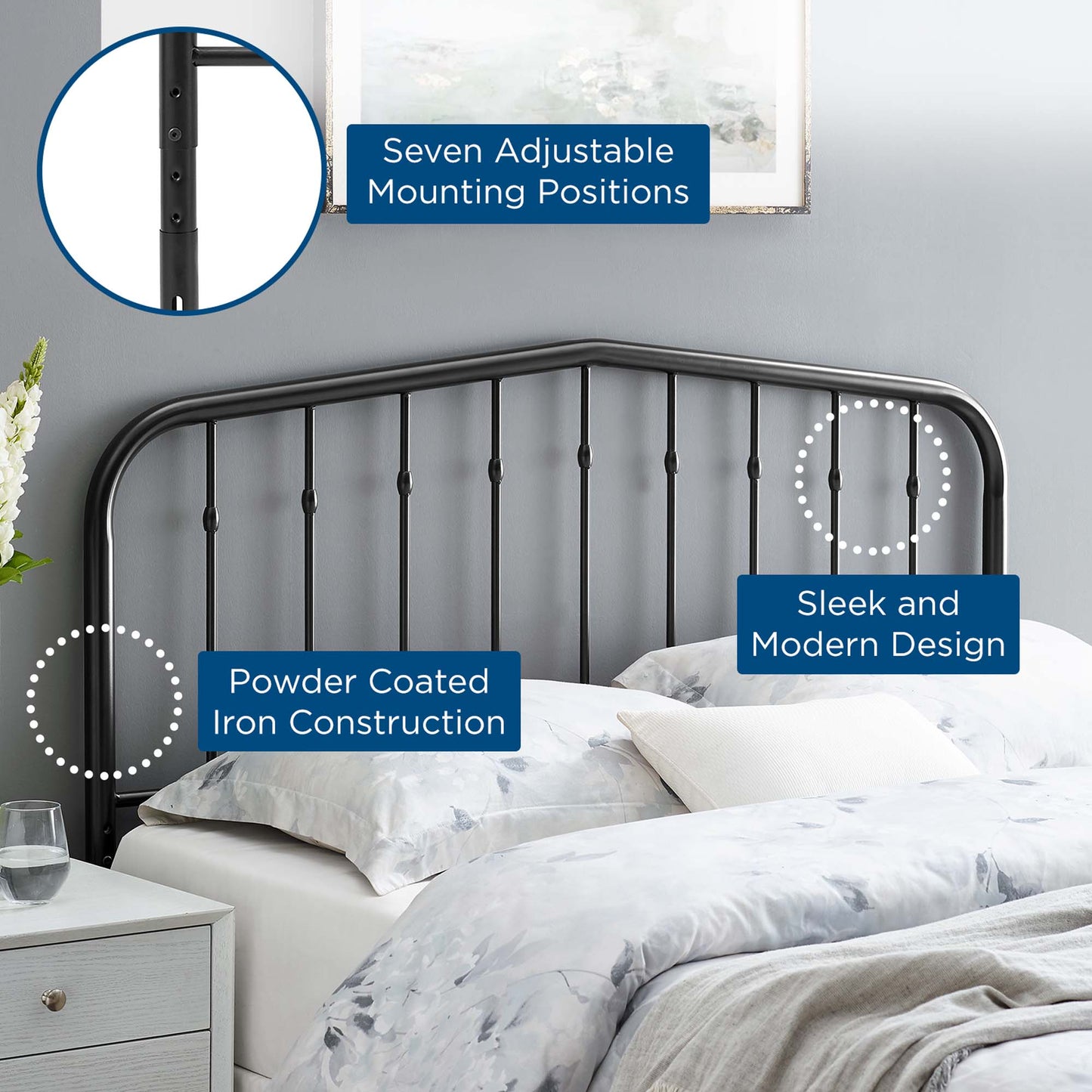 Black powder-coated metal headboard with a curved top and vertical slats; sleek modern design in a blue-gray bedroom.