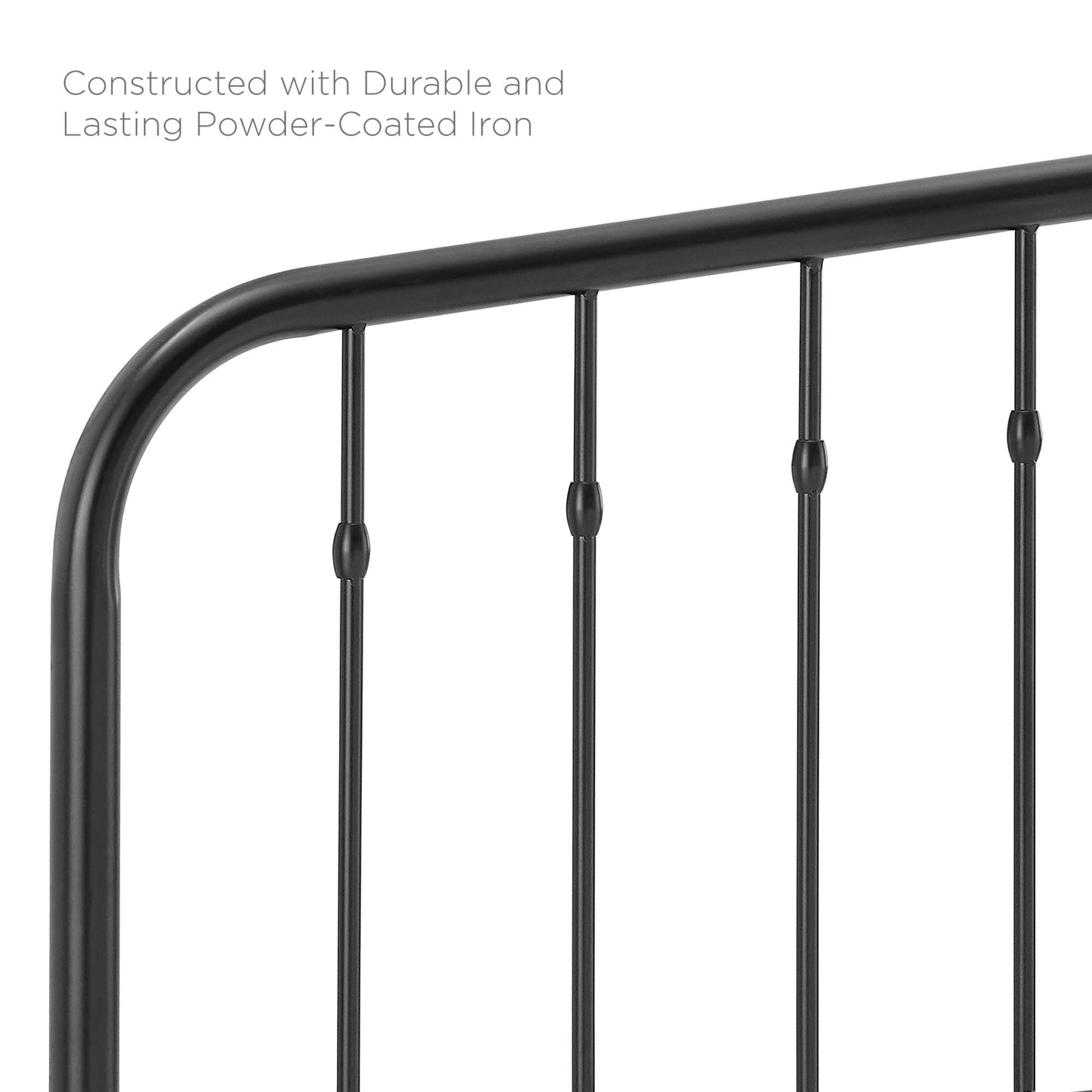 Black powder-coated metal headboard with curved top rail and evenly spaced vertical balusters.