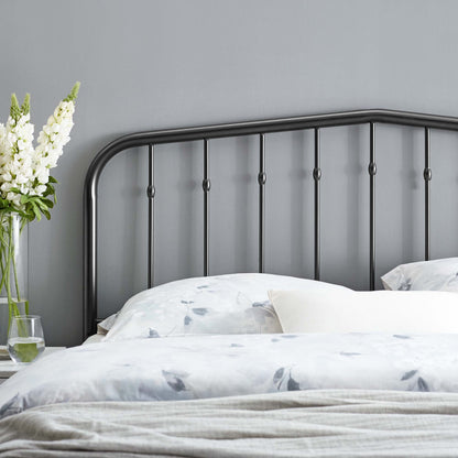 Black metal king headboard with a rounded top and vertical bars.
