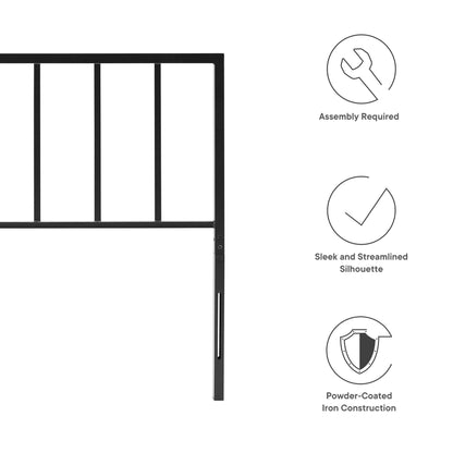 Black powder-coated iron bed frame headboard with vertical bars; sleek silhouette; assembly required.