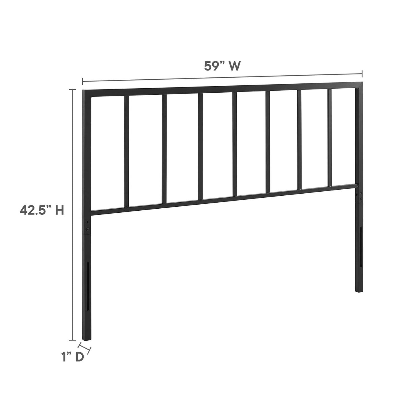 Black metal queen headboard with vertical slats and a slightly angled lower rail, 59W x 42.5H.