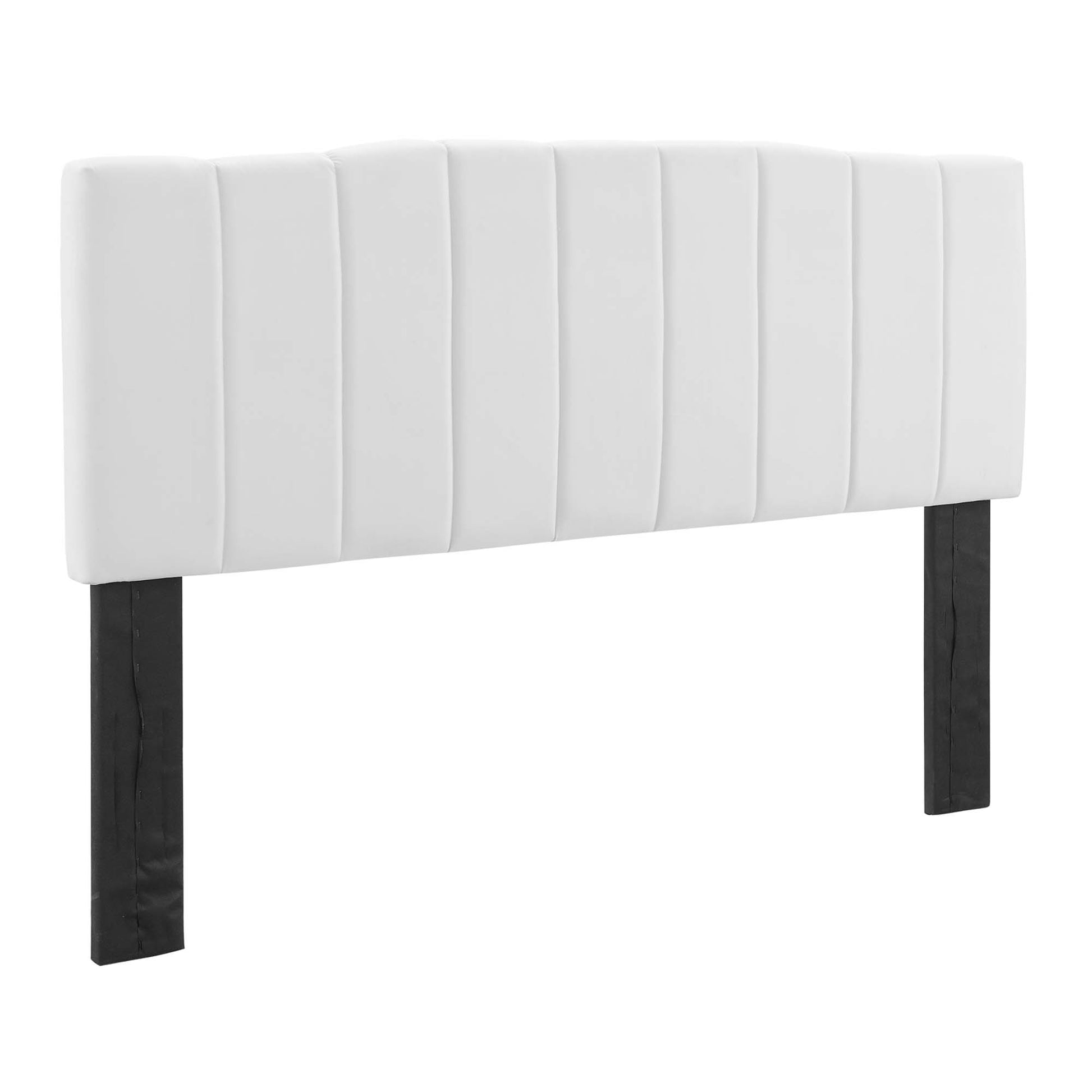 White performance velvet upholstered headboard with vertical channel tufting and black rectangular legs.