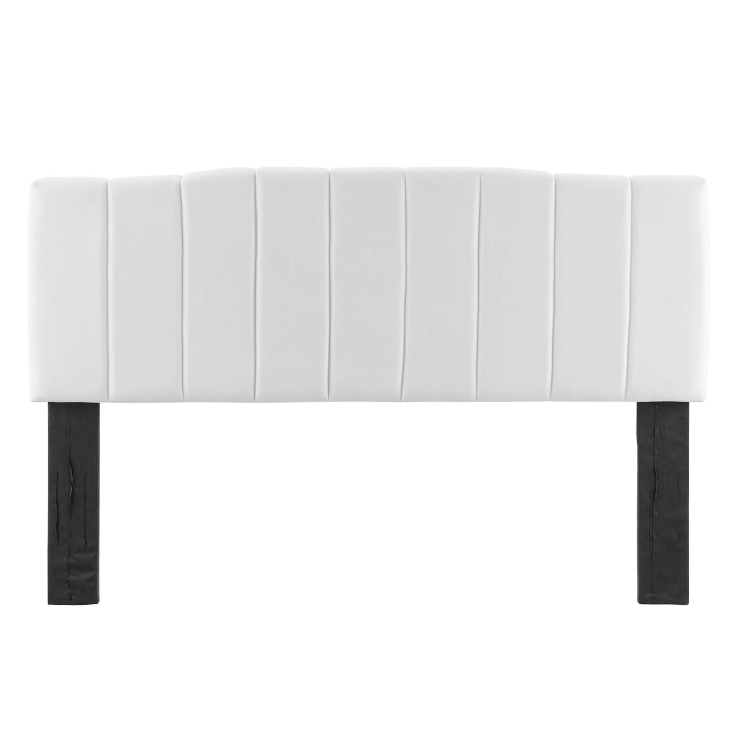 White velvet upholstered headboard with vertical channel tufting, for full/queen beds.