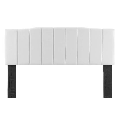White velvet upholstered headboard with vertical channel tufting, for full/queen beds.