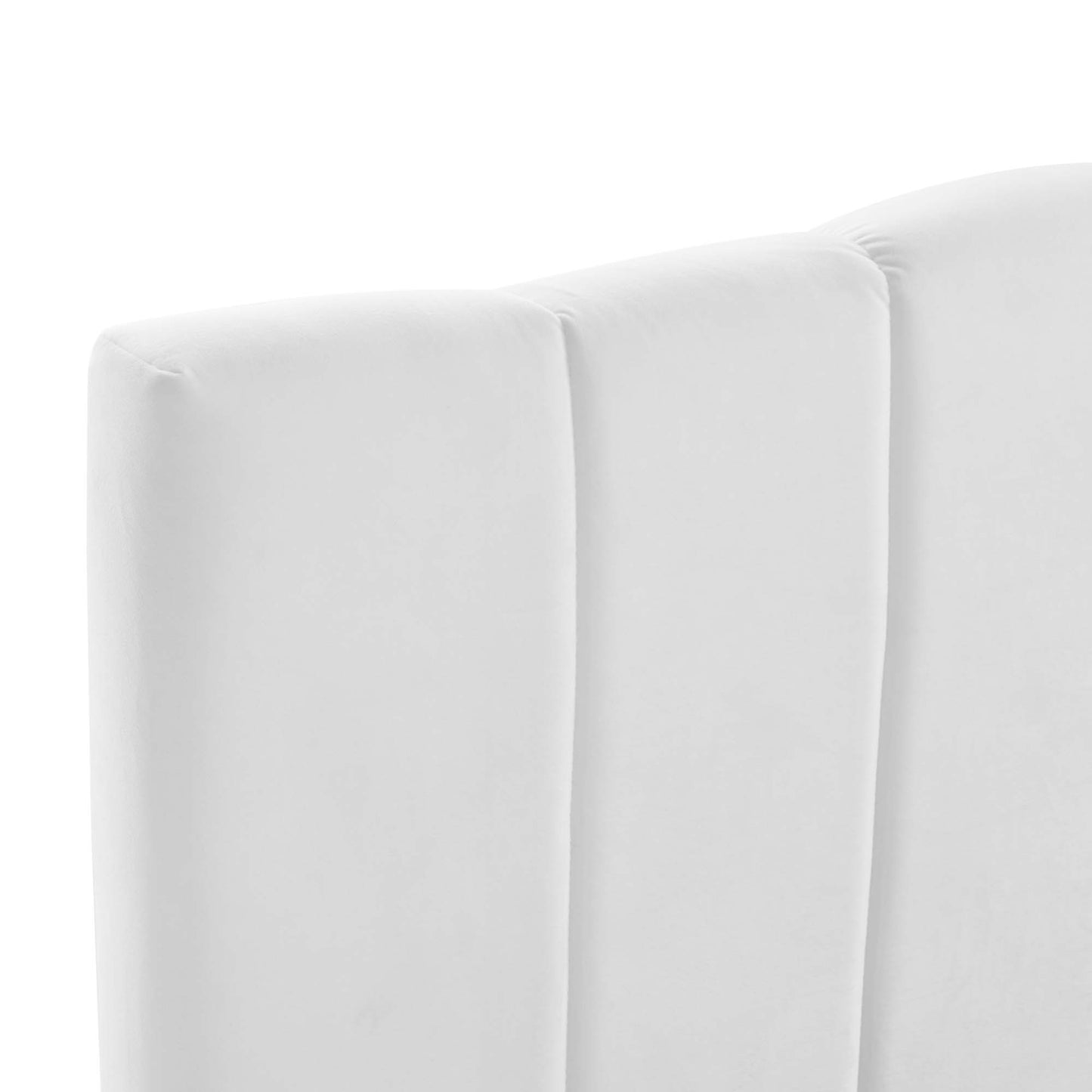 White channel-tufted velvet headboard with vertical seams, modern minimalist style.