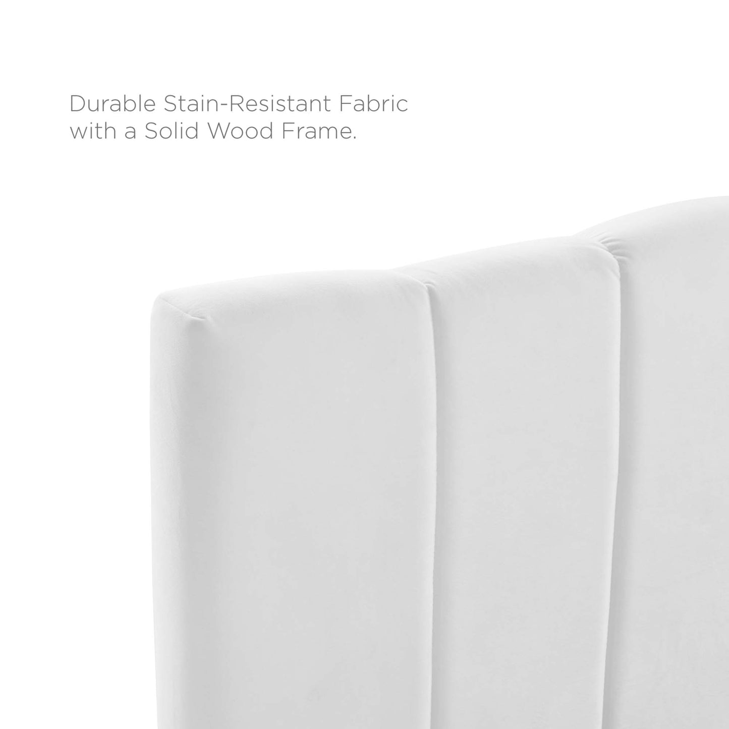 White fabric headboard with channel tufting in performance velvet; full/queen size; stain-resistant fabric.