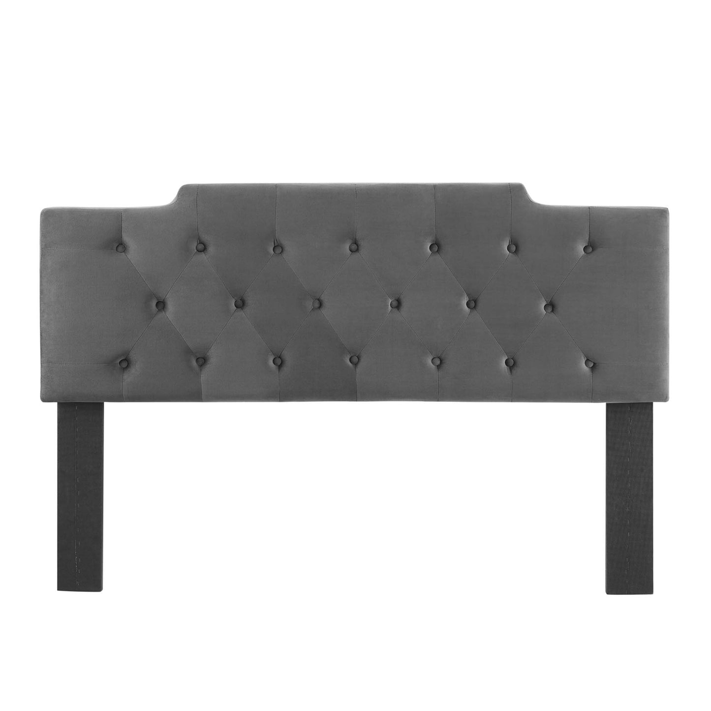 Charcoal performance velvet tufted headboard with diamond button tufting.