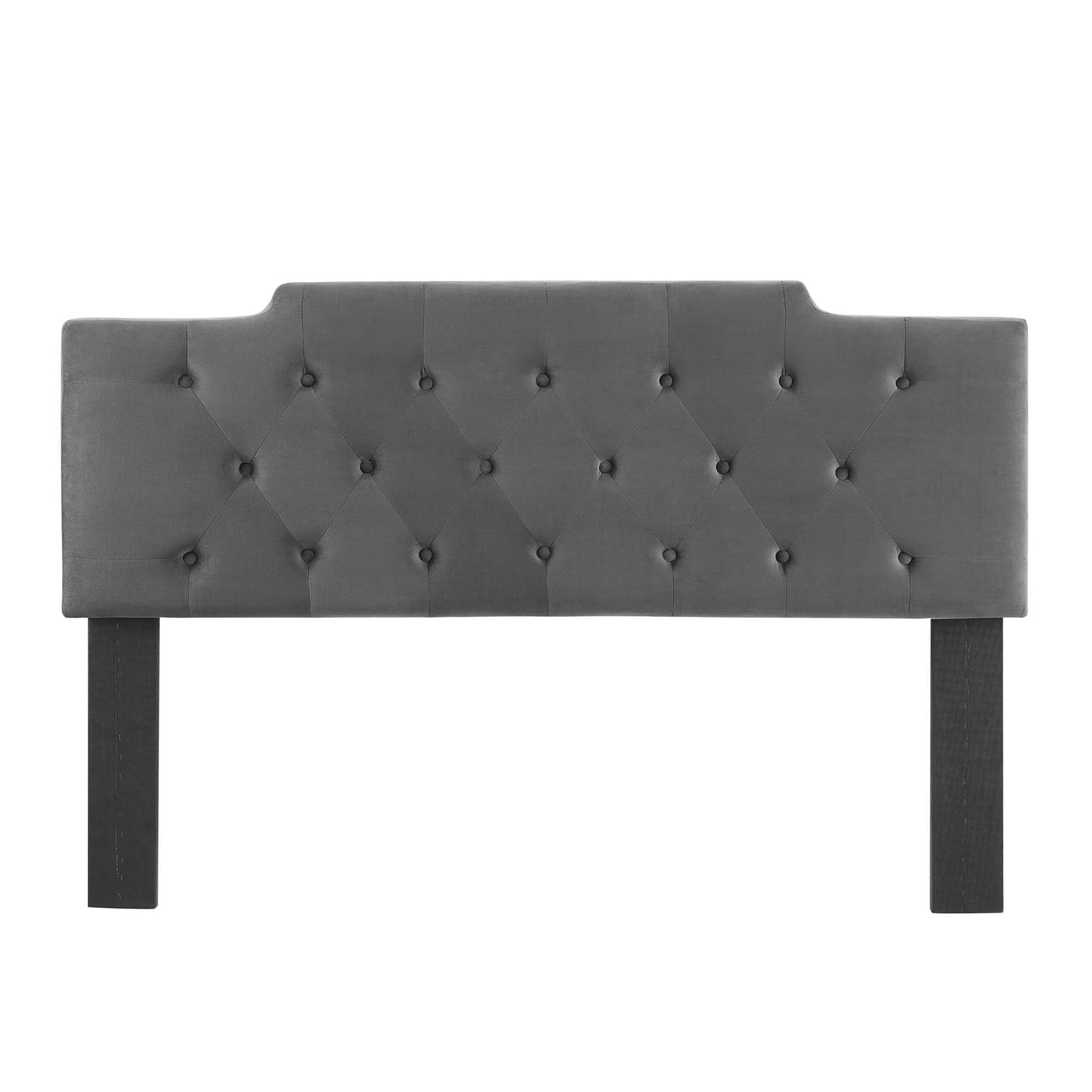 Charcoal performance velvet tufted headboard with diamond button tufting.