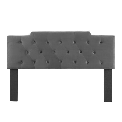 Charcoal performance velvet tufted headboard with diamond button tufting.