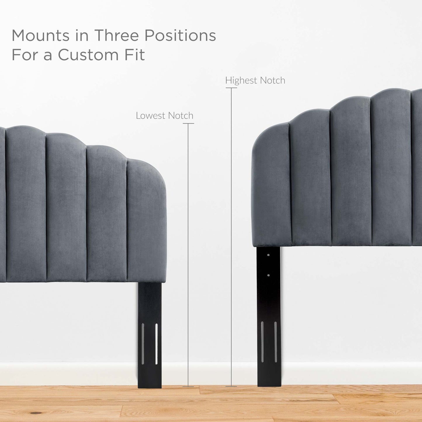Grey velvet tufted panel headboard for bed frames, with black metal legs and three-position mounts.