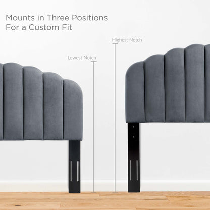Grey velvet tufted panel headboard for bed frames, with black metal legs and three-position mounts.
