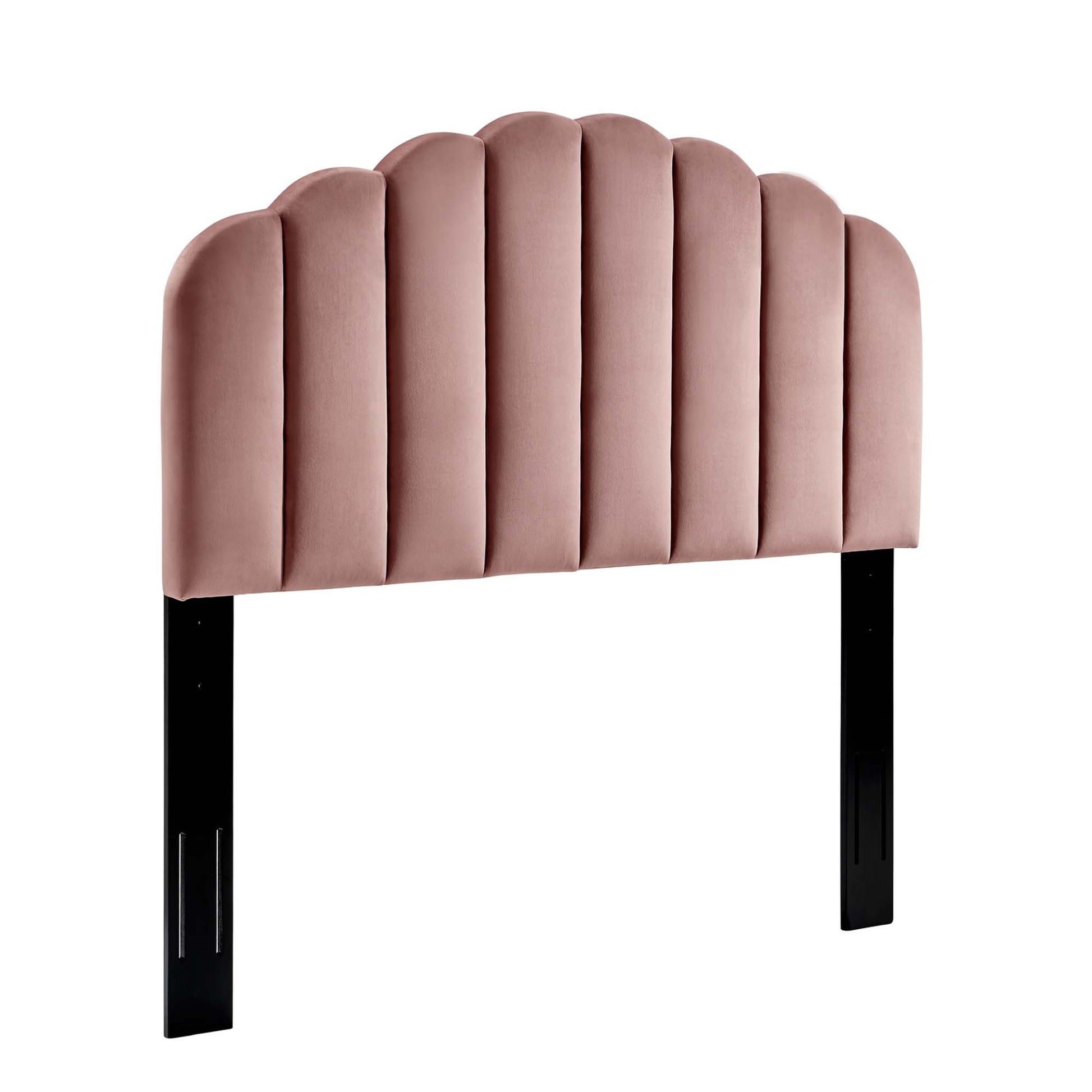 Red velvet upholstered twin headboard with scalloped arch and vertical channel tufting, supported by black legs.