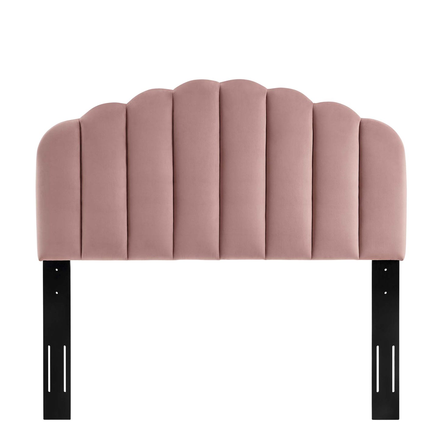 Red velvet upholstered twin headboard with scalloped vertical padded columns and black metal legs.