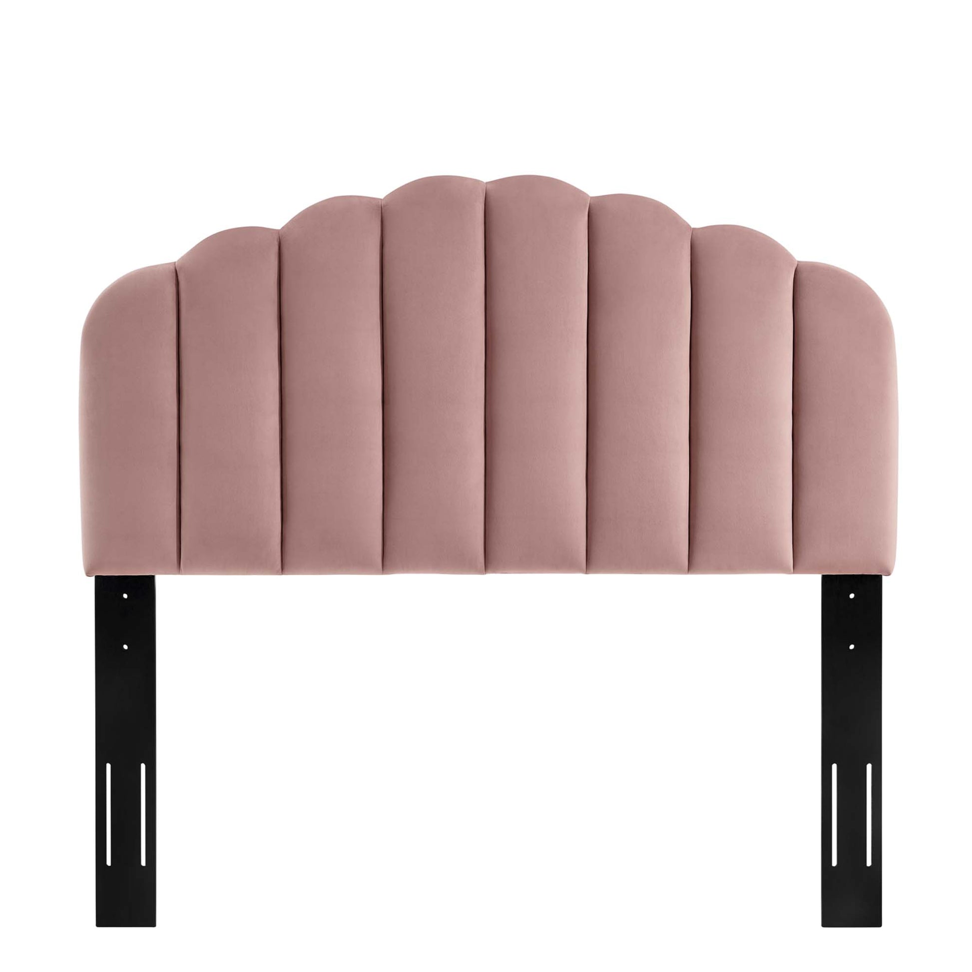 Red velvet upholstered twin headboard with scalloped vertical padded columns and black metal legs.