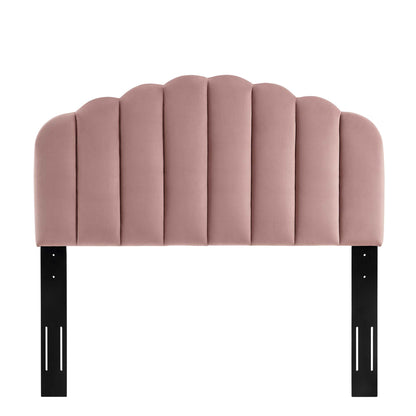 Red velvet upholstered twin headboard with scalloped vertical padded columns and black metal legs.