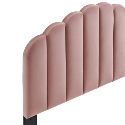 Red velvet upholstered twin headboard with vertical rounded channels.