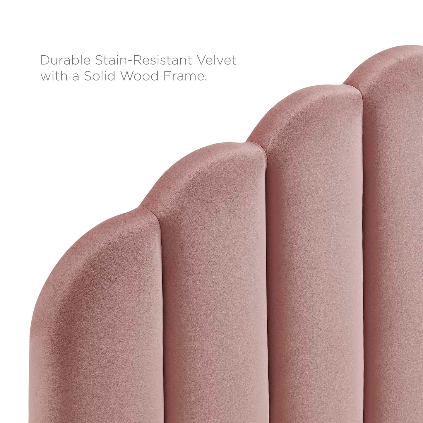 Dusty red velvet with curved vertical panels; plush upholstery on a solid wood frame for a modern headboard.