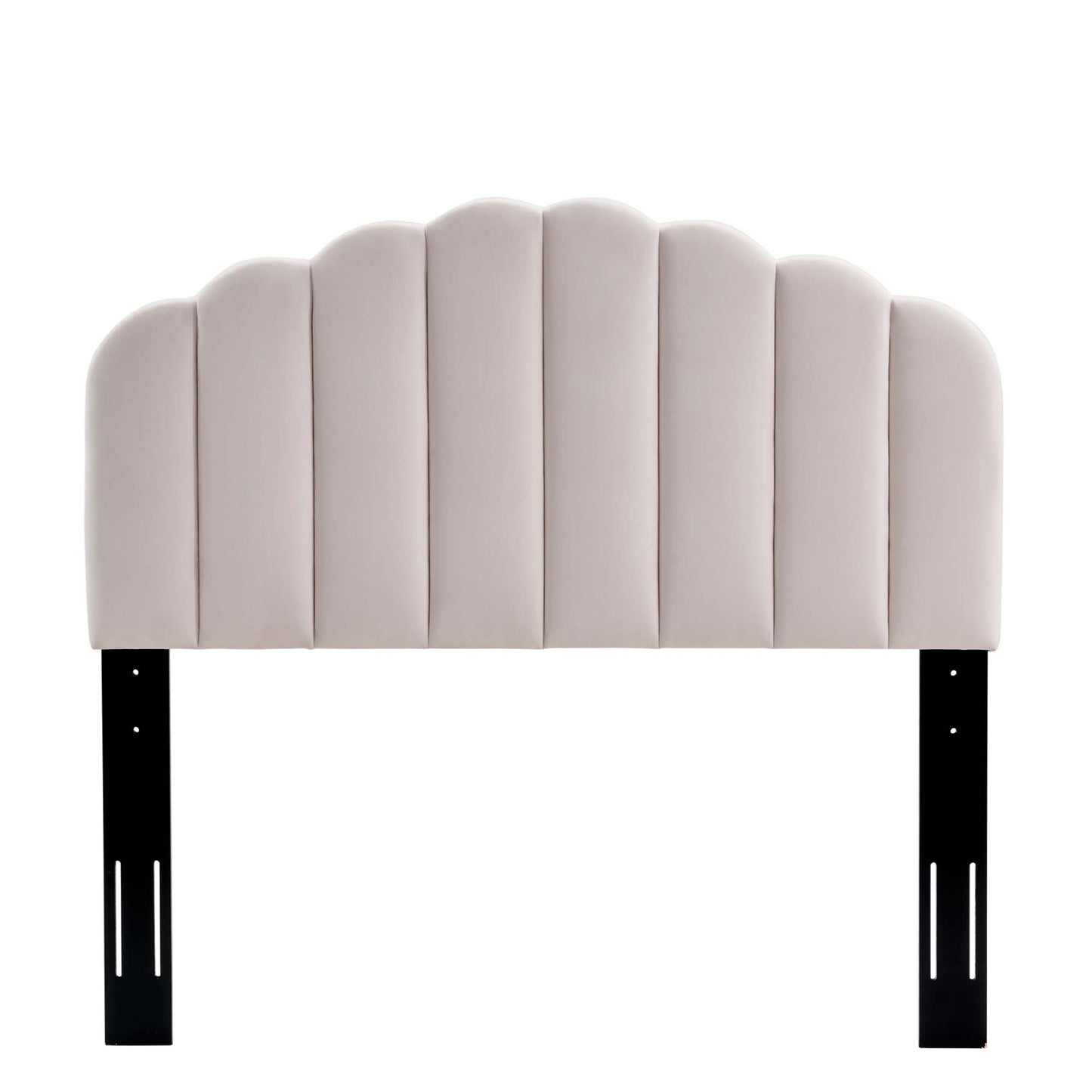 Red velvet tufted twin headboard with scalloped arches and black metal legs.