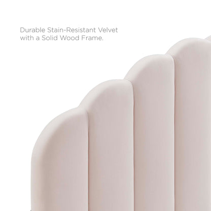 Soft pink velvet twin headboard with rounded vertical panel design; padded and suitable for a modern bedroom.