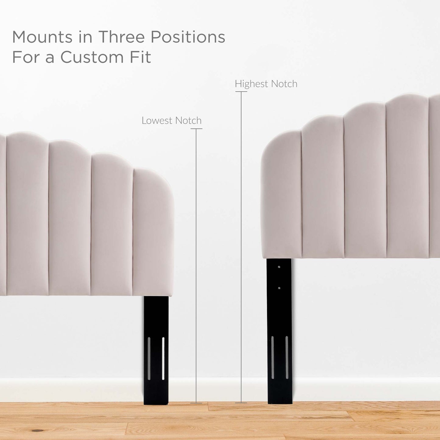 Blush pink velvet twin headboard with upholstered panel and metal mounting hardware.