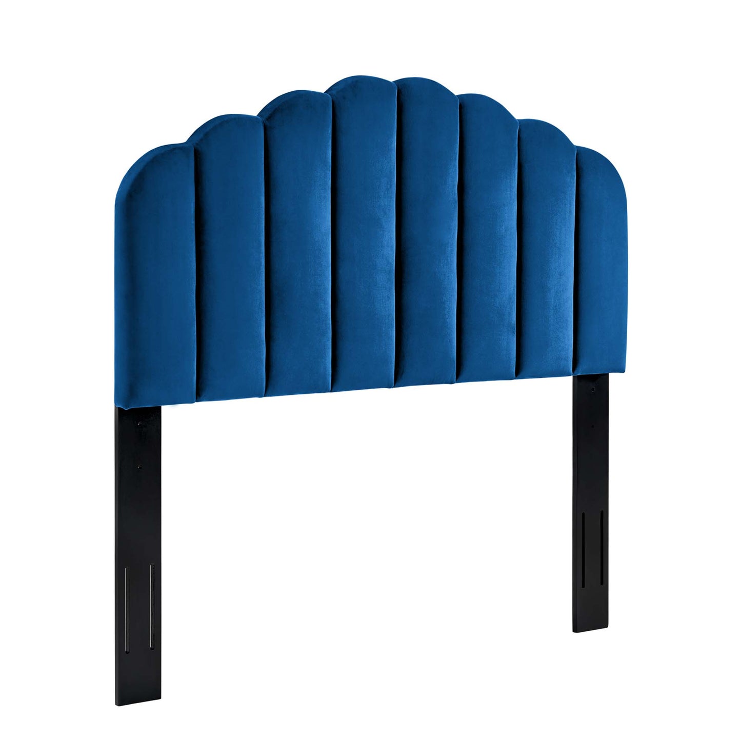 Navy blue velvet upholstered headboard with scalloped arched panels and black metal legs.