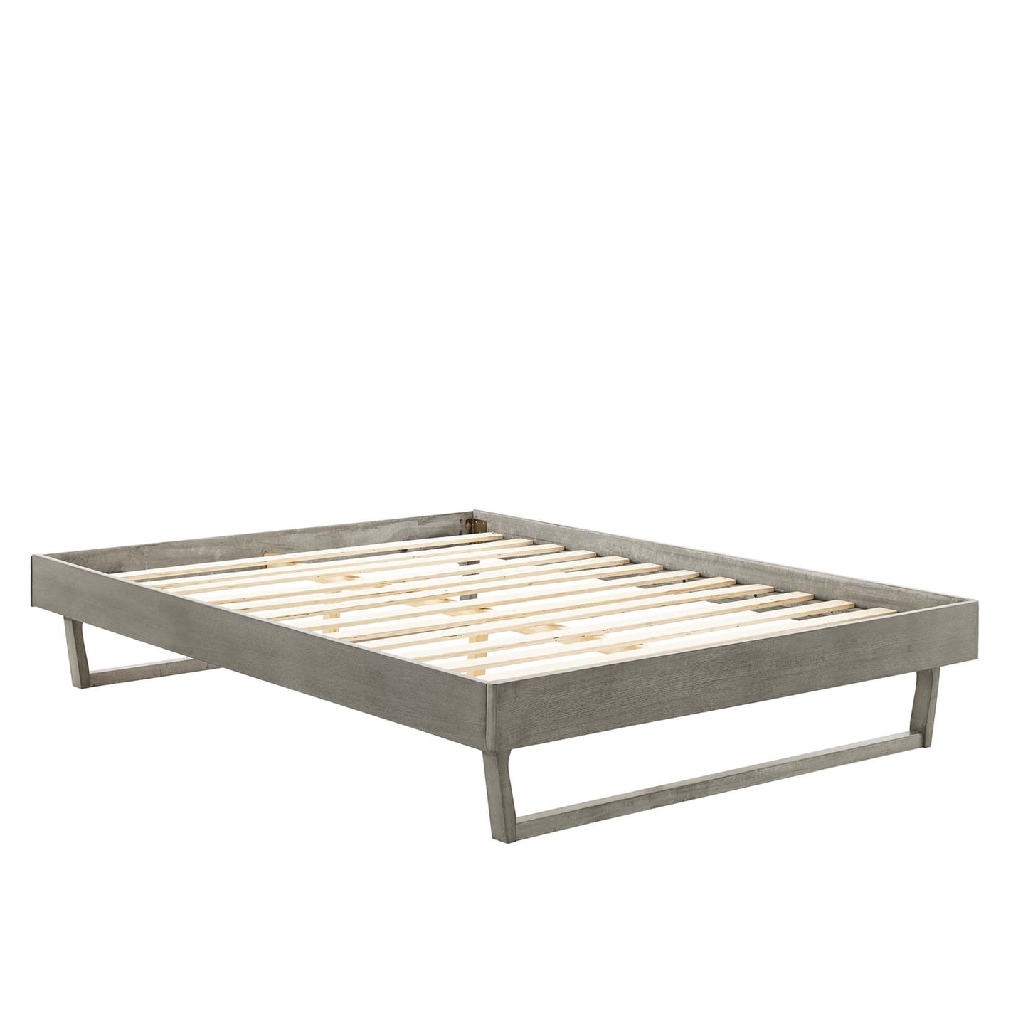 Gray platform bed frame with natural wood slats; low-profile rectangular design for a modern bedroom.