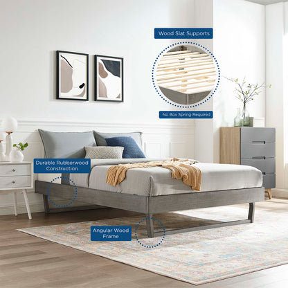 Gray wood full platform bed frame with slat supports; no box spring required.