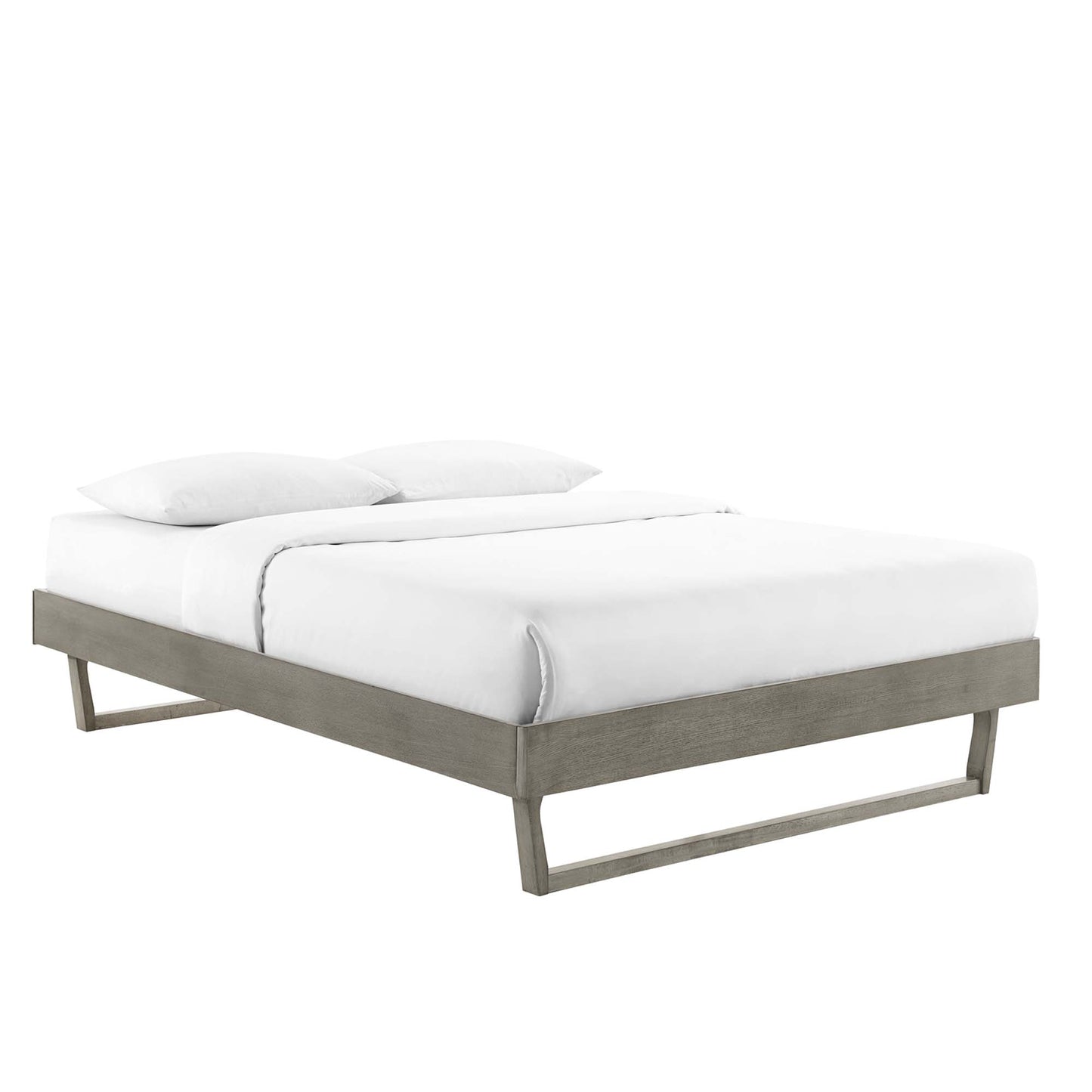 Modern gray wood platform bed with a low sled-style frame and white bedding.