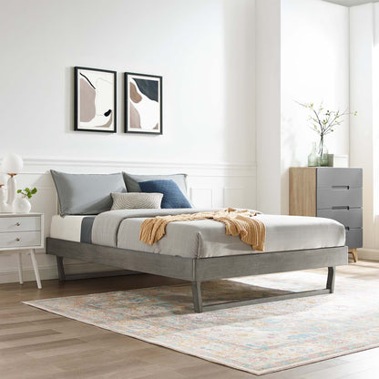 MOD-6215-GRY grey wood king platform bed frame with a low-profile design in a modern bedroom, neutral bedding and a tan throw.