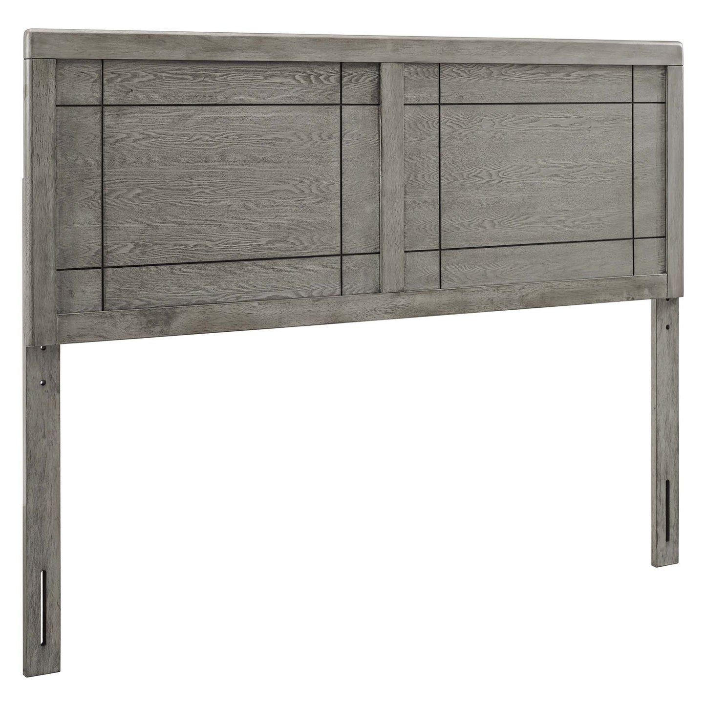 Weathered gray wooden bed headboard with two-panel design and dark linear inlays; tall legs.
