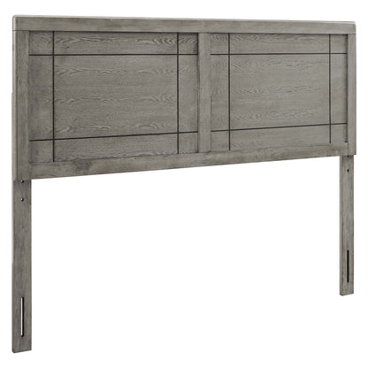 Weathered gray wooden bed headboard with two-panel design and dark linear inlays; tall legs.