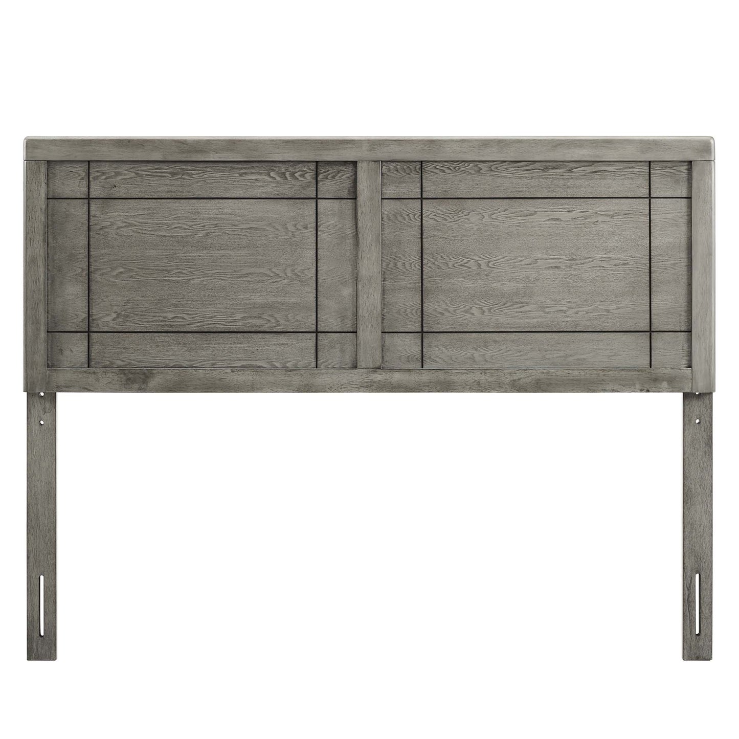 Gray weathered wood headboard with two paneled sections and central vertical divider, rustic farmhouse style for a bed.