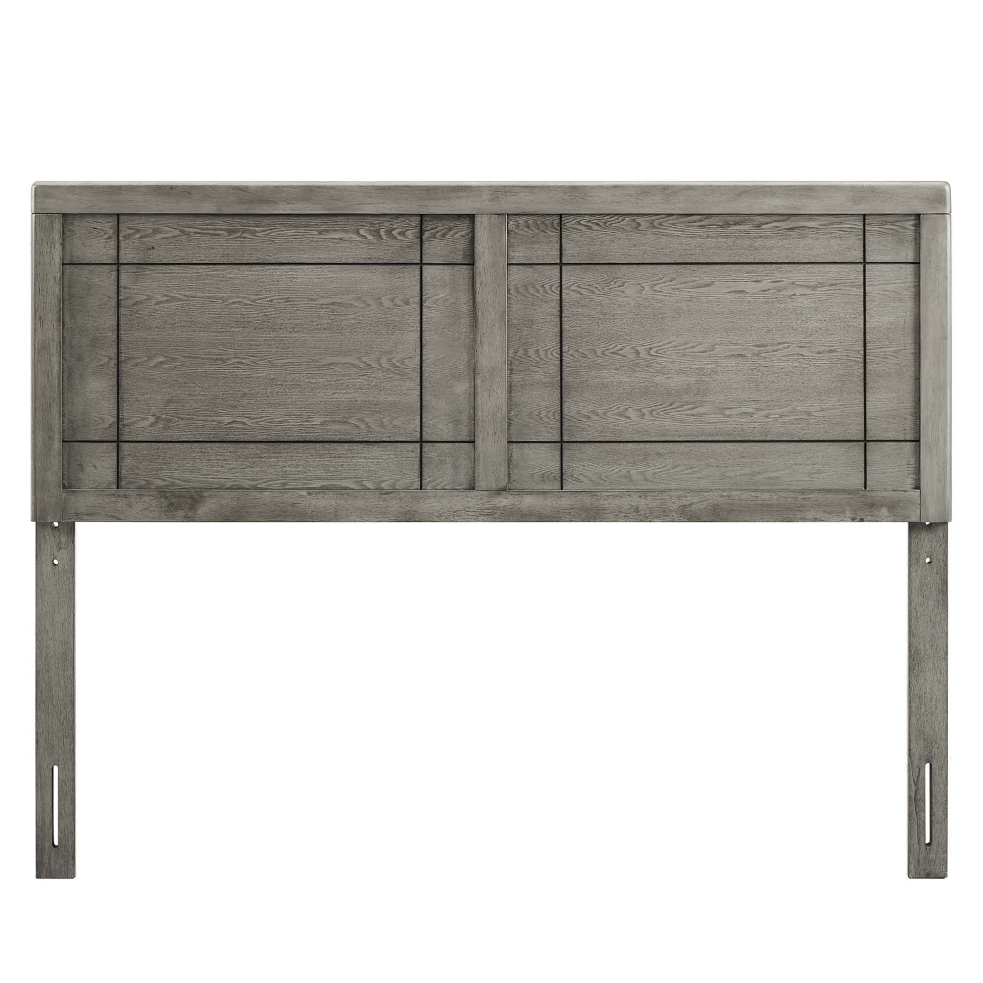 Gray weathered wood headboard with two paneled sections and central vertical divider, rustic farmhouse style for a bed.