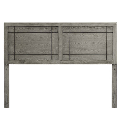 Gray weathered wood headboard with two paneled sections and central vertical divider, rustic farmhouse style for a bed.