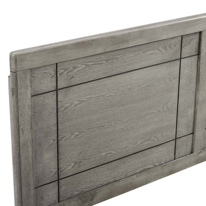 Graywashed wood headboard with grid panel design and chunky frame.