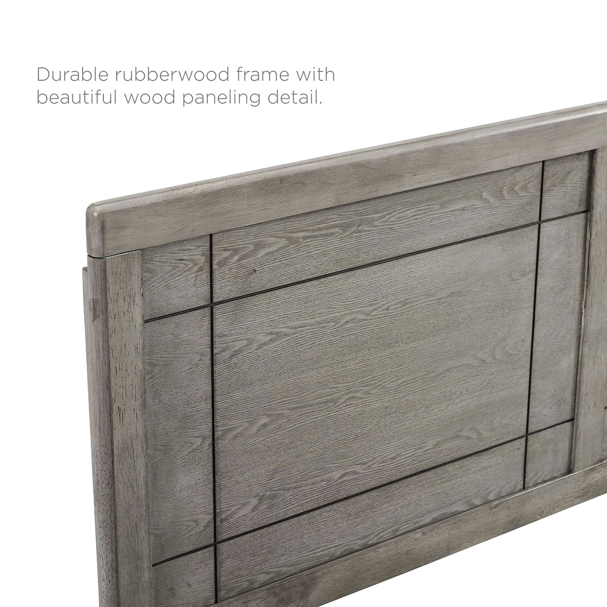 Graywashed rubberwood headboard with paneled wood detailing and framed border.